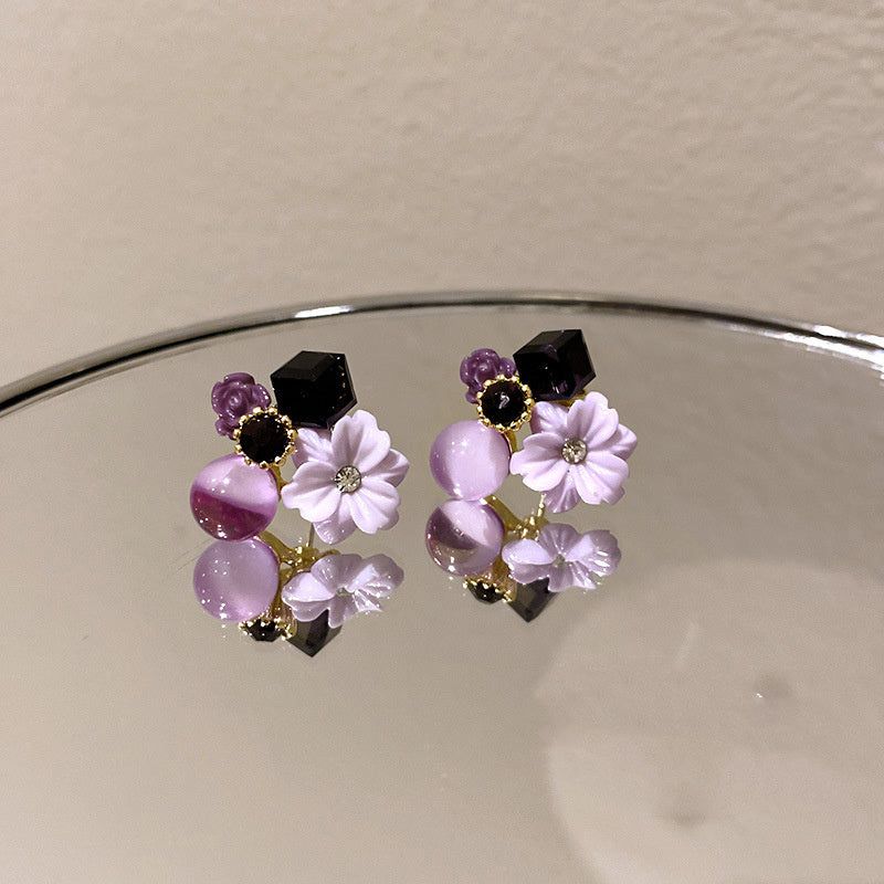 Korean East Gate Diamond Cat's Eye Crystal Floral Earrings