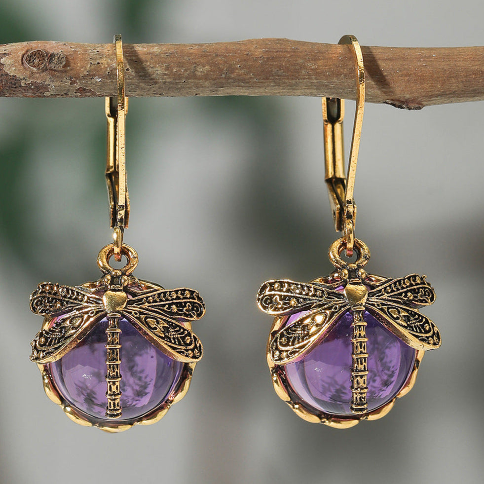 1pair Vintage Dragonfly Shape Green Crystal Pendant Bohemian Style Earrings Jewlery for Women Party