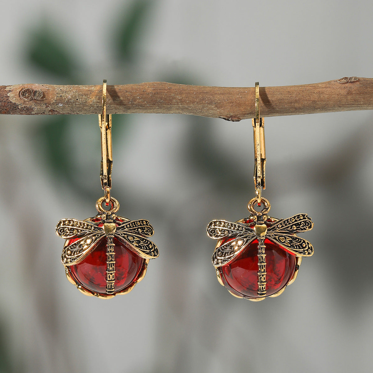 1pair Vintage Dragonfly Shape Green Crystal Pendant Bohemian Style Earrings Jewlery for Women Party
