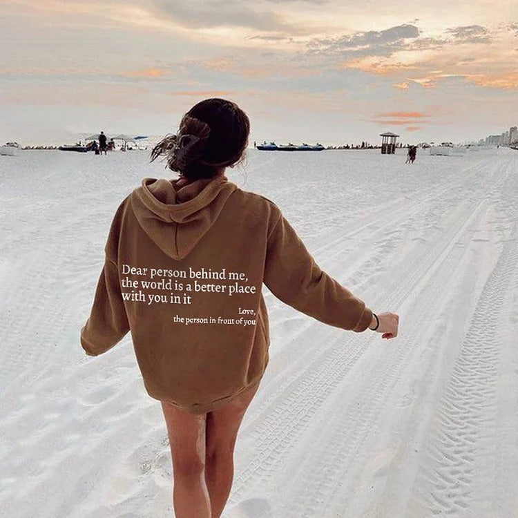 Dear Person Behind Me Hoodie – Unisex Plush Letter Print Pullover with Kangaroo Pocket & Drawstring, Trendy Inspirational Quote Sweatshirt