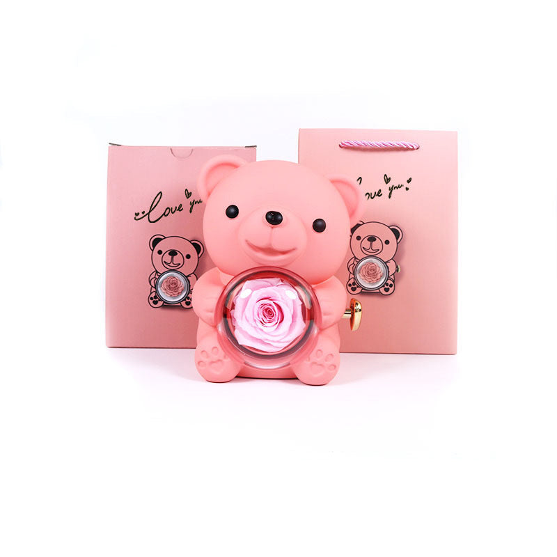 Eternal Rose Teddy Bear Gift Box with Necklace – Rotating Rose Jewelry Box for Women, Girlfriend, Anniversary, Wedding & Valentine’s Day Gifts