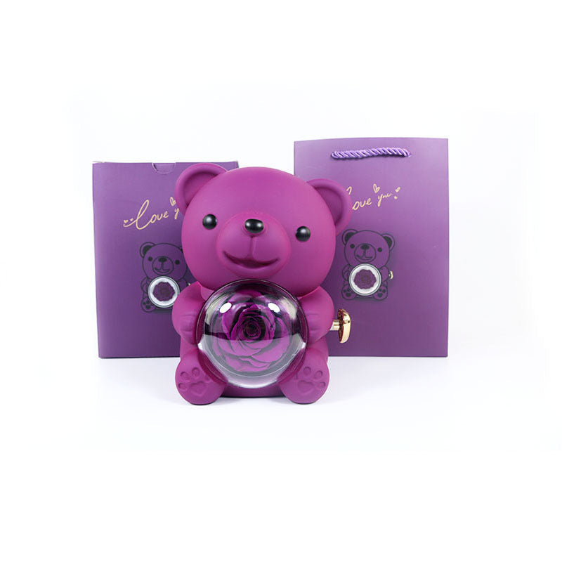 Eternal Rose Teddy Bear Gift Box with Necklace – Rotating Rose Jewelry Box for Women, Girlfriend, Anniversary, Wedding & Valentine’s Day Gifts