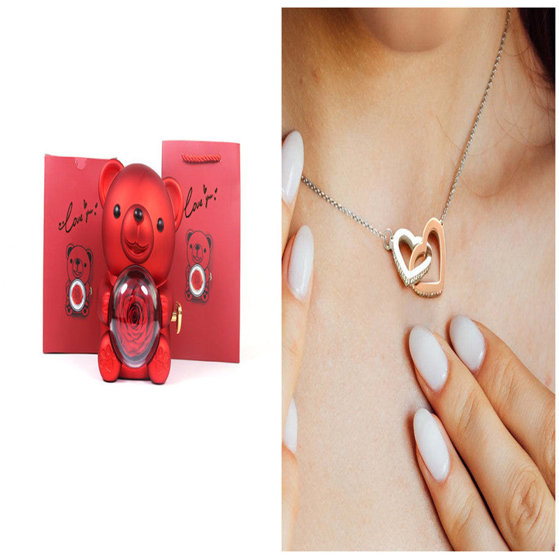 Eternal Rose Teddy Bear Gift Box with Necklace – Rotating Rose Jewelry Box for Women, Girlfriend, Anniversary, Wedding & Valentine’s Day Gifts