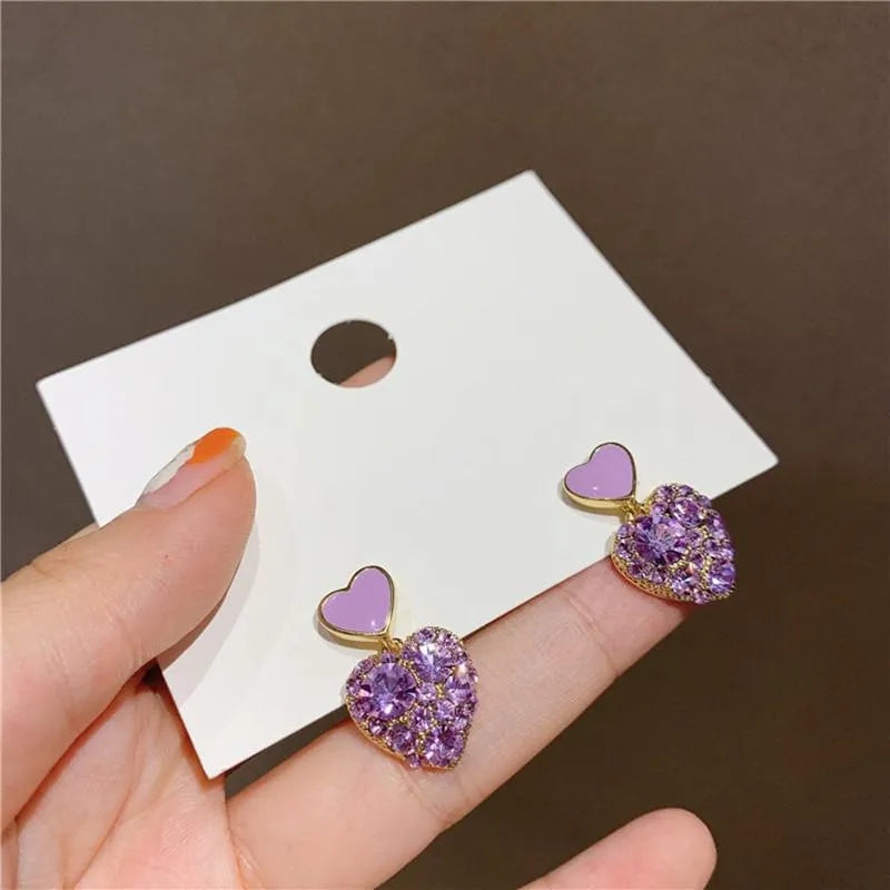 Purple Shiny Crystal Geometric Heart Earrings