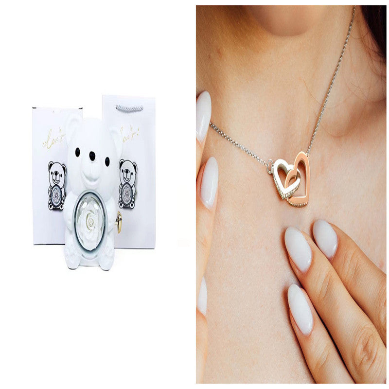 Eternal Rose Teddy Bear Gift Box with Necklace – Rotating Rose Jewelry Box for Women, Girlfriend, Anniversary, Wedding & Valentine’s Day Gifts