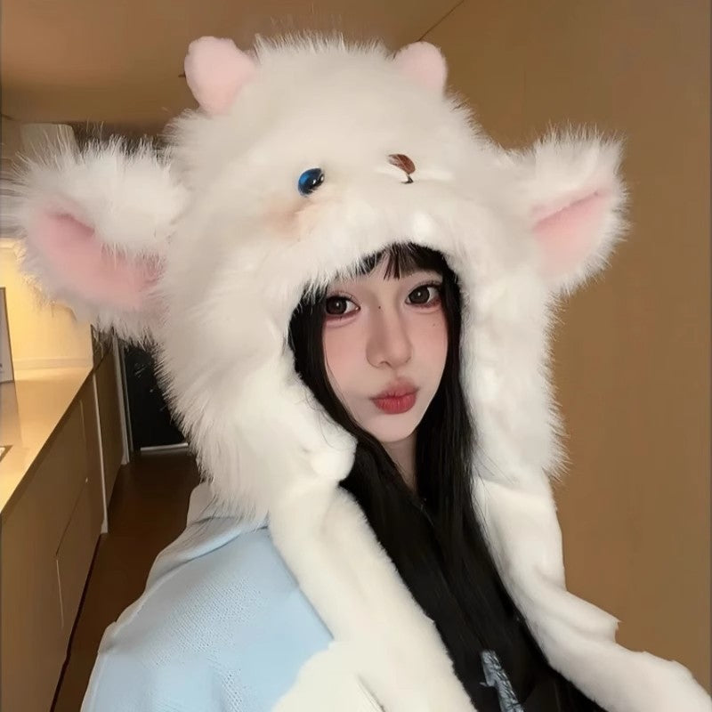 Winter Cute Cartoon Bear Plush Hat for Women – Warm Furry Pullover Beanie with Ear Protection, Cozy Outdoor Riding & Photography Cap