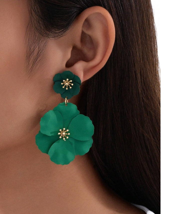 1pair Metal Asymmetrical Multilayer Flower Shaped Drop Earrings, Colorful, Great For Date Gifts Valentines,Mom,Mother,Mother's Day,Gift