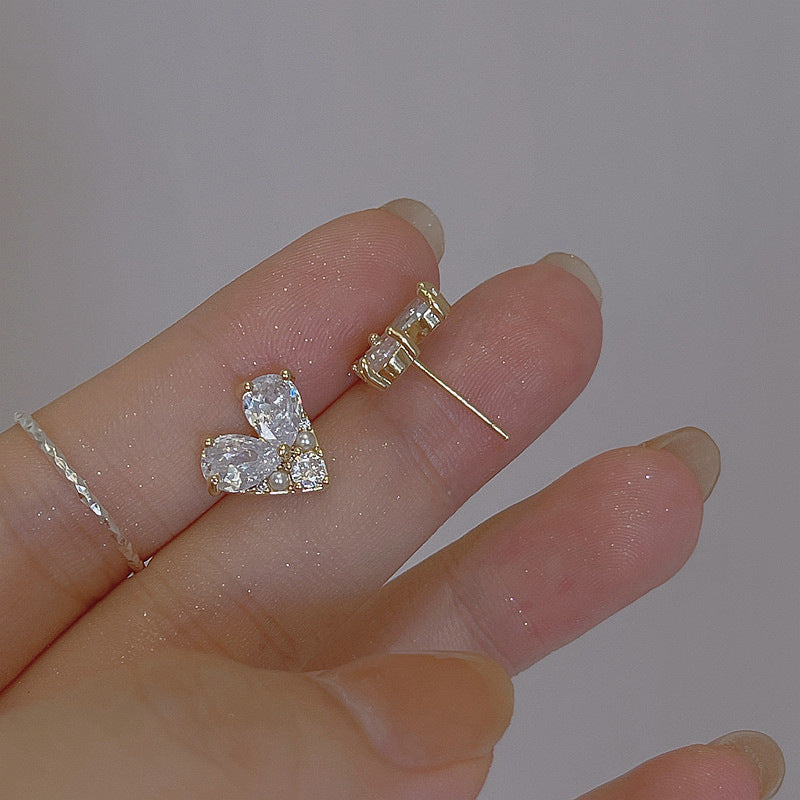 Silver Pin Earrings Delicate Heart Stud Earrings Zircon
