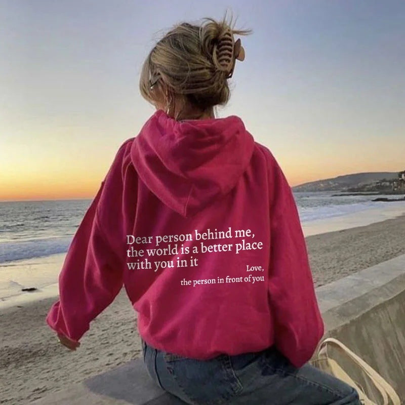 Dear Person Behind Me Hoodie – Unisex Plush Letter Print Pullover with Kangaroo Pocket & Drawstring, Trendy Inspirational Quote Sweatshirt