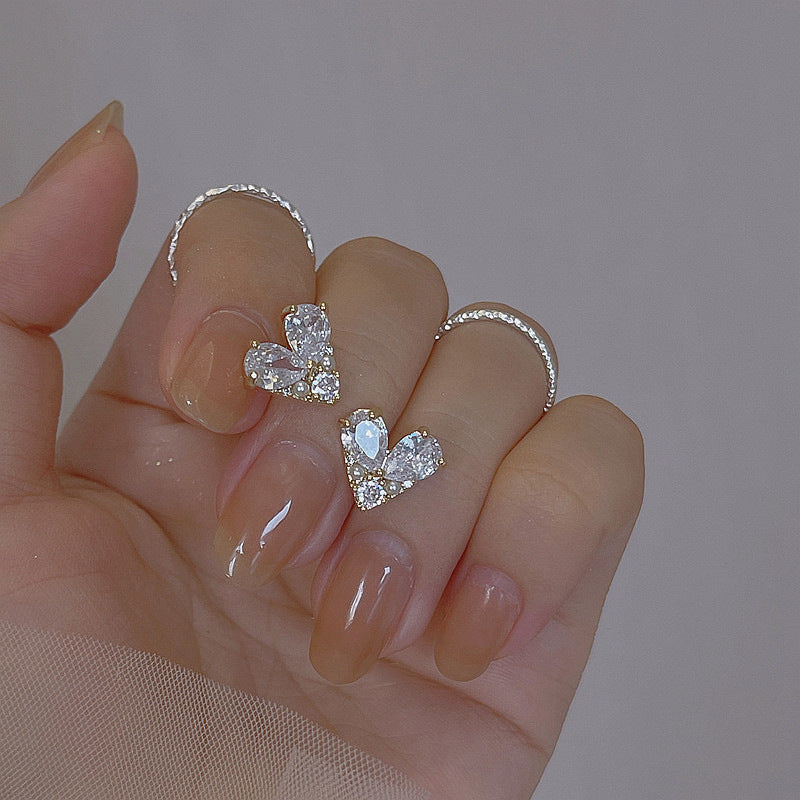 Silver Pin Earrings Delicate Heart Stud Earrings Zircon