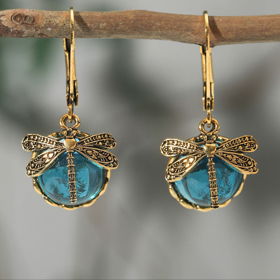 1pair Vintage Dragonfly Shape Green Crystal Pendant Bohemian Style Earrings Jewlery for Women Party
