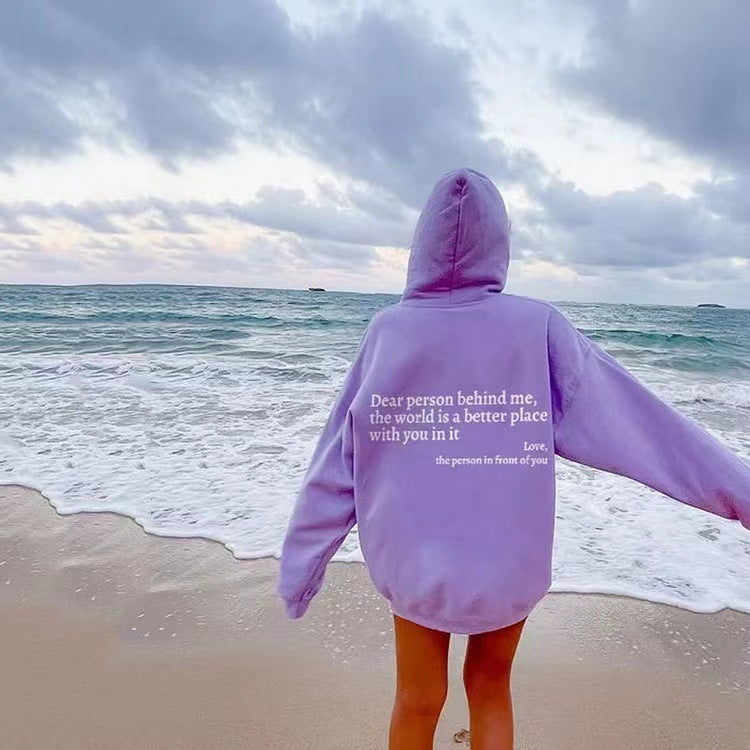 Dear Person Behind Me Hoodie – Unisex Plush Letter Print Pullover with Kangaroo Pocket & Drawstring, Trendy Inspirational Quote Sweatshirt
