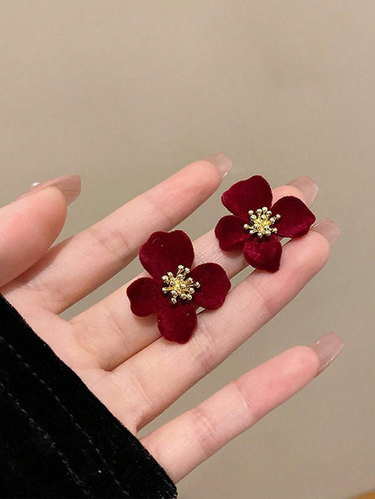 1 Pair Red Velvet Flower Stud Earrings