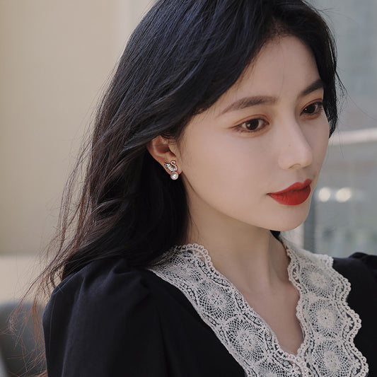 Sterling Silver Needle Korean Swan Zircon Pearl Stud Earrings