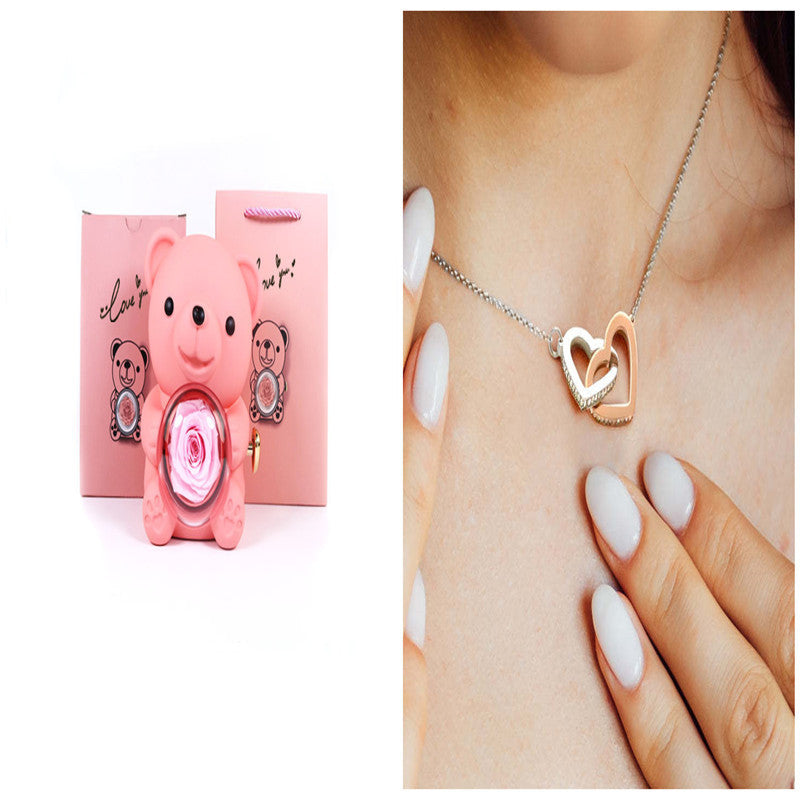 Eternal Rose Teddy Bear Gift Box with Necklace – Rotating Rose Jewelry Box for Women, Girlfriend, Anniversary, Wedding & Valentine’s Day Gifts