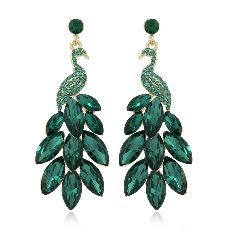 1 Pair Peacock Feather Sparkling Crystal Stud Earrings, Unique Green Earrings For Women, Suitable For Party, Banquet And Daily Wear