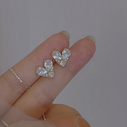 Silver Pin Earrings Delicate Heart Stud Earrings Zircon