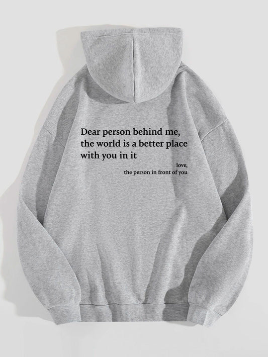 Dear Person Behind Me Hoodie – Unisex Plush Letter Print Pullover with Kangaroo Pocket & Drawstring, Trendy Inspirational Quote Sweatshirt