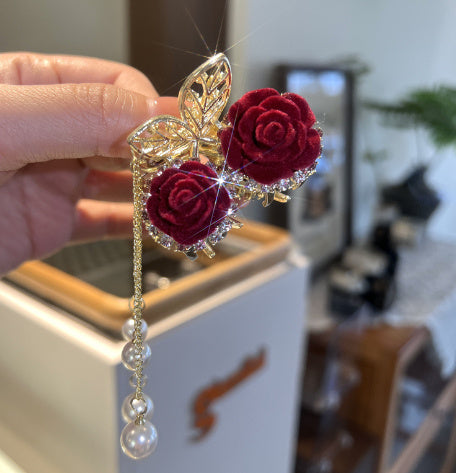 Red Rose Butterfly Tassel Barrettes Back Head Hair Clip