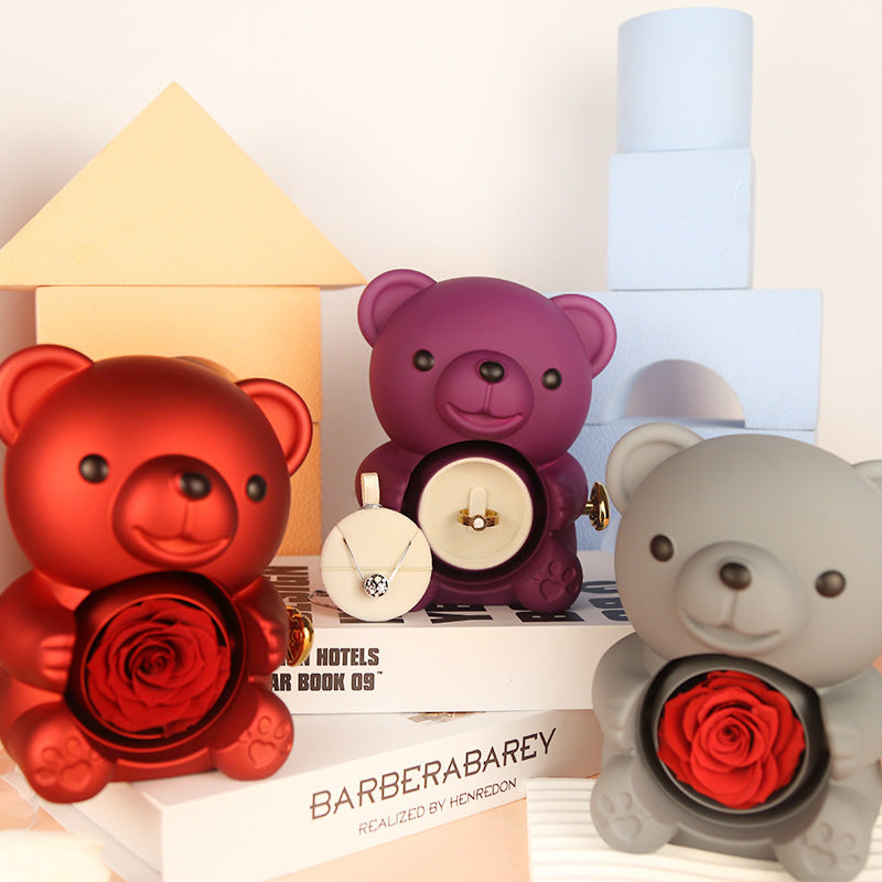 Eternal Rose Teddy Bear Gift Box with Necklace – Rotating Rose Jewelry Box for Women, Girlfriend, Anniversary, Wedding & Valentine’s Day Gifts