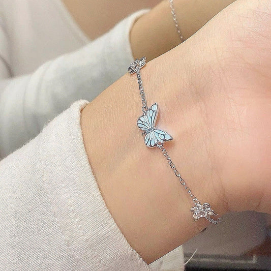 Fashion Blue Luminous Butterfly Necklace Bracelet Set For Glow In The Dark Women Clavicle Chain Choker Party Jewelry Gift