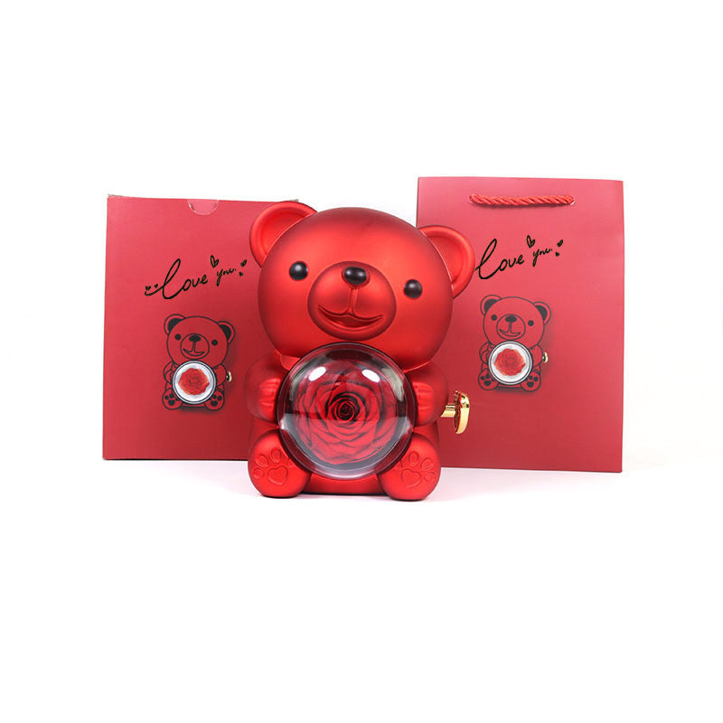 Eternal Rose Teddy Bear Gift Box with Necklace – Rotating Rose Jewelry Box for Women, Girlfriend, Anniversary, Wedding & Valentine’s Day Gifts