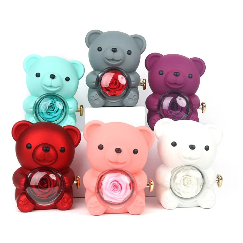 Eternal Rose Teddy Bear Gift Box with Necklace – Rotating Rose Jewelry Box for Women, Girlfriend, Anniversary, Wedding & Valentine’s Day Gifts