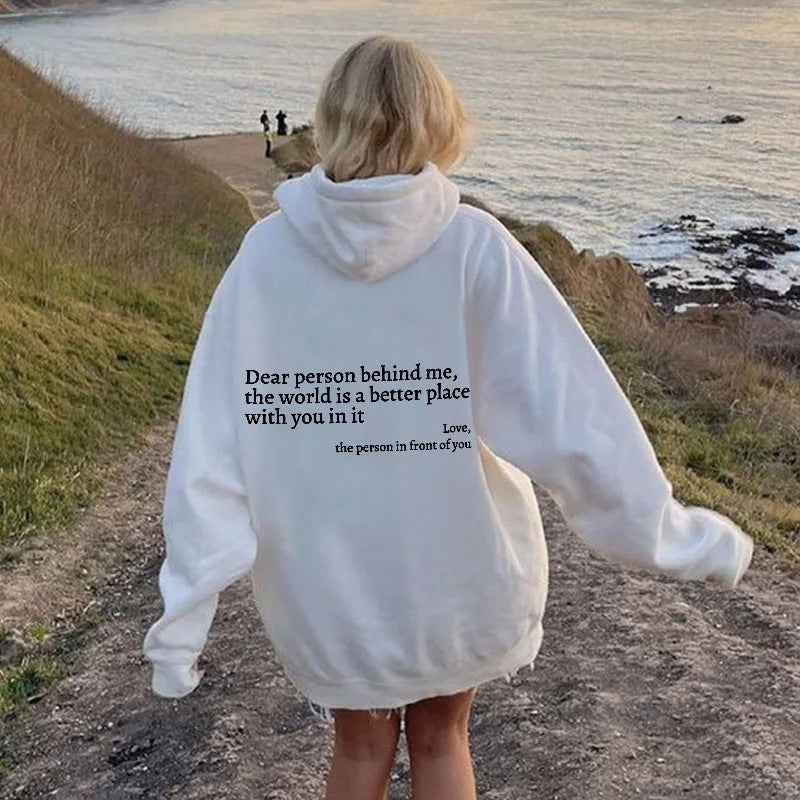 Dear Person Behind Me Hoodie – Unisex Plush Letter Print Pullover with Kangaroo Pocket & Drawstring, Trendy Inspirational Quote Sweatshirt