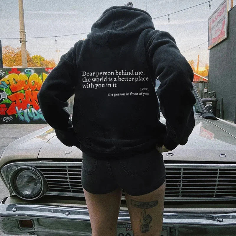 Dear Person Behind Me Hoodie – Unisex Plush Letter Print Pullover with Kangaroo Pocket & Drawstring, Trendy Inspirational Quote Sweatshirt