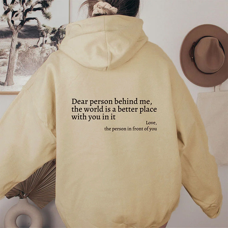 Dear Person Behind Me Hoodie – Unisex Plush Letter Print Pullover with Kangaroo Pocket & Drawstring, Trendy Inspirational Quote Sweatshirt