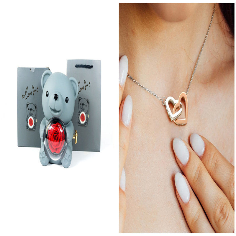 Eternal Rose Teddy Bear Gift Box with Necklace – Rotating Rose Jewelry Box for Women, Girlfriend, Anniversary, Wedding & Valentine’s Day Gifts