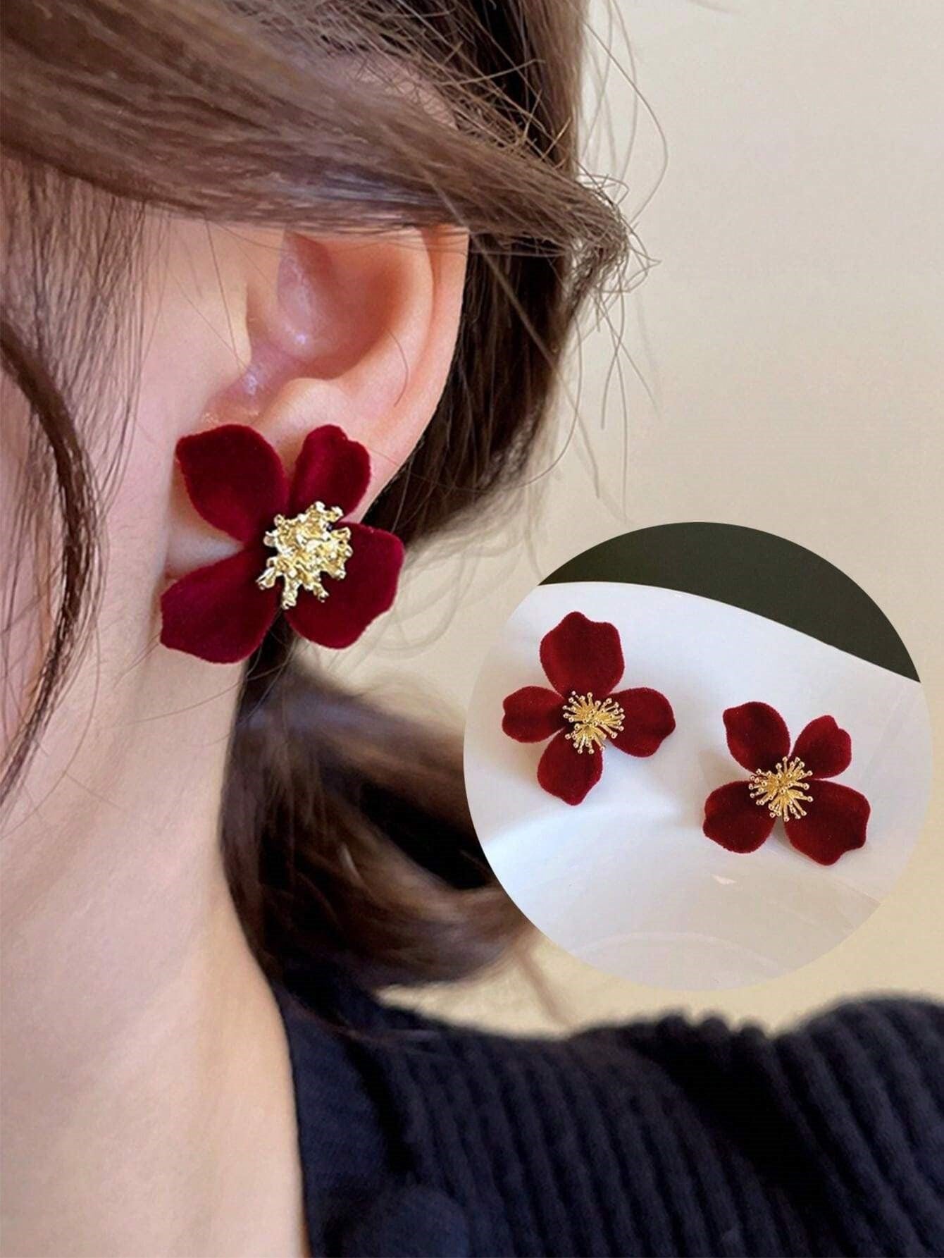 1 Pair Red Velvet Flower Stud Earrings