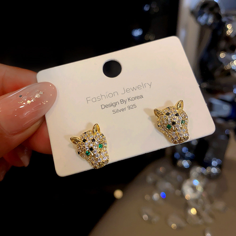 925 Silver Needle Leopard Head Zircon Earrings for Women – Luxury Animal Design Statement Jewelry