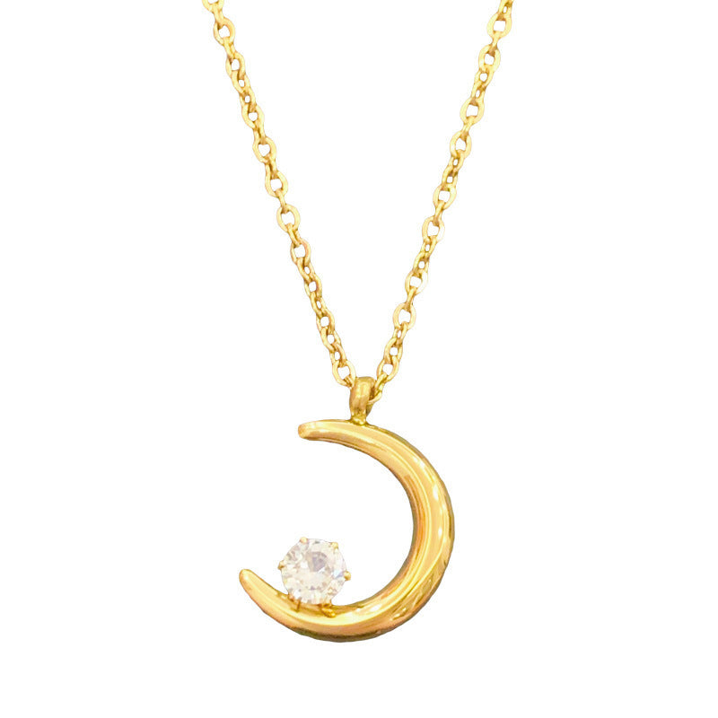 Moon Inlaid Zircon Necklace Female Titanium Steel 18k Non-fading Cold Wind Special-interest Design