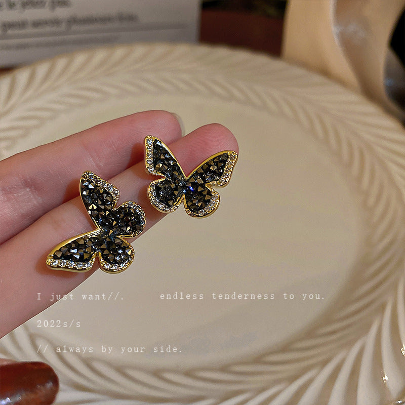 Black Full Diamond Butterfly Sweet Cool Style Earrings
