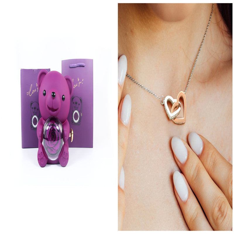 Eternal Rose Teddy Bear Gift Box with Necklace – Rotating Rose Jewelry Box for Women, Girlfriend, Anniversary, Wedding & Valentine’s Day Gifts