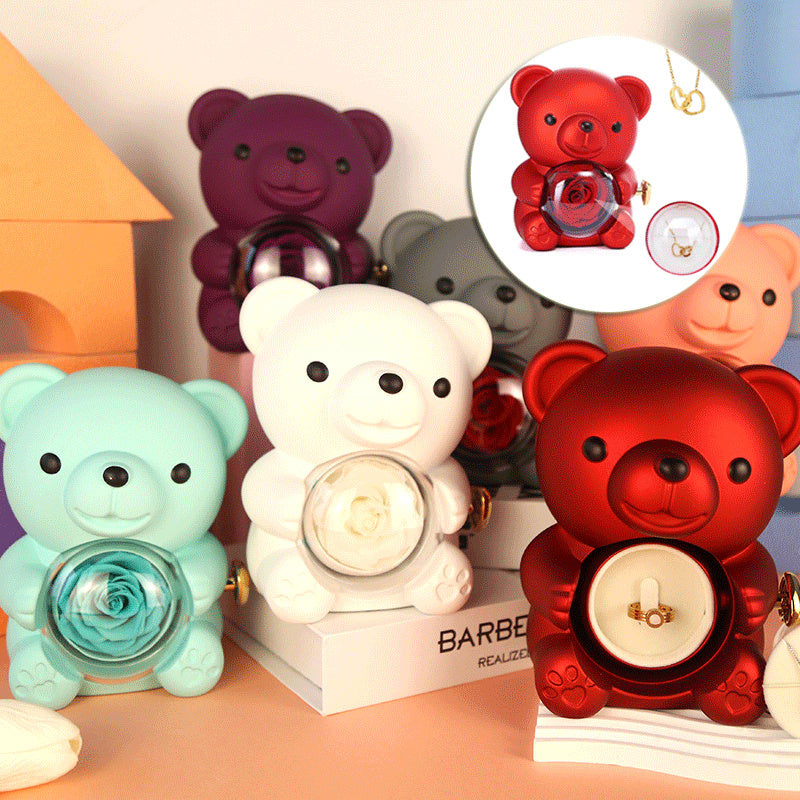 Eternal Rose Teddy Bear Gift Box with Necklace – Rotating Rose Jewelry Box for Women, Girlfriend, Anniversary, Wedding & Valentine’s Day Gifts