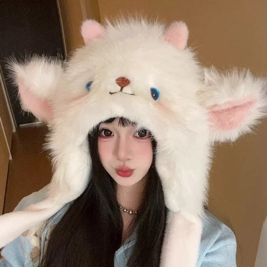 Winter Cute Cartoon Bear Plush Hat for Women – Warm Furry Pullover Beanie with Ear Protection, Cozy Outdoor Riding & Photography Cap