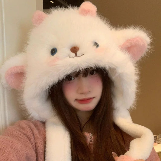 Winter Cute Cartoon Bear Plush Hat for Women – Warm Furry Pullover Beanie with Ear Protection, Cozy Outdoor Riding & Photography Cap