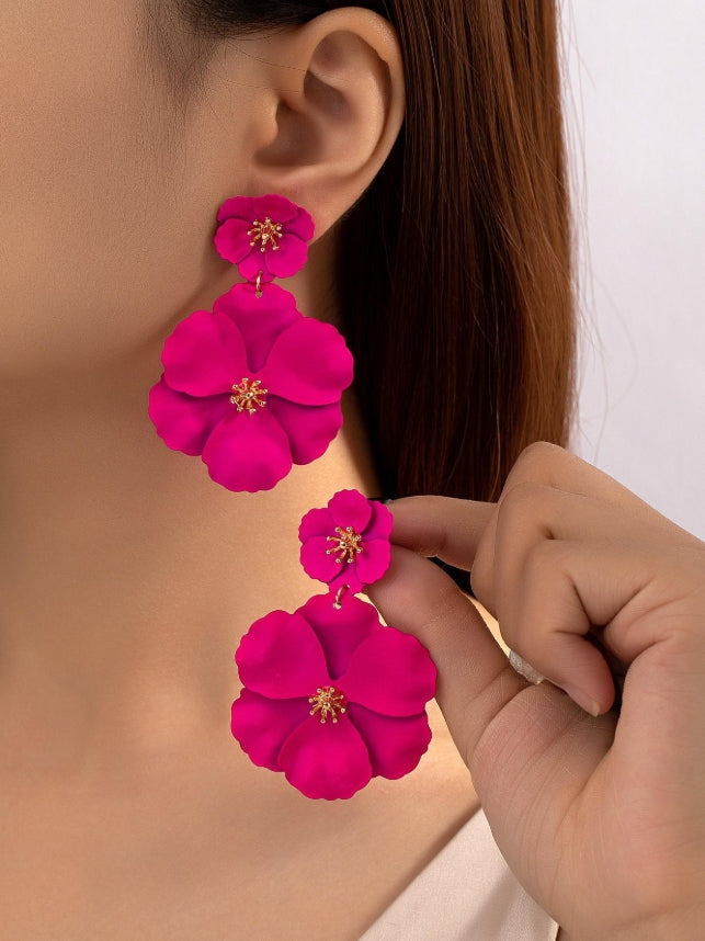 1pair Metal Asymmetrical Multilayer Flower Shaped Drop Earrings, Colorful, Great For Date Gifts Valentines,Mom,Mother,Mother's Day,Gift