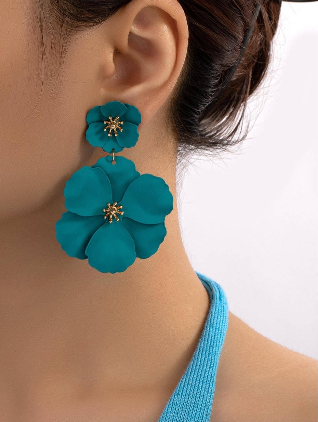 1pair Metal Asymmetrical Multilayer Flower Shaped Drop Earrings, Colorful, Great For Date Gifts Valentines,Mom,Mother,Mother's Day,Gift