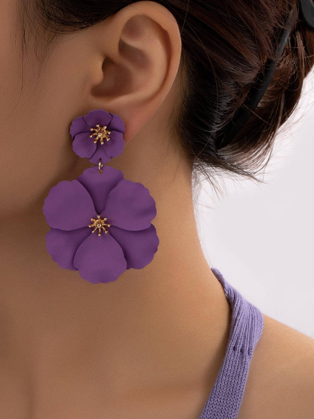 1pair Metal Asymmetrical Multilayer Flower Shaped Drop Earrings, Colorful, Great For Date Gifts Valentines,Mom,Mother,Mother's Day,Gift