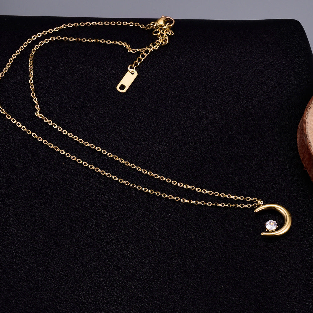 Moon Inlaid Zircon Necklace Female Titanium Steel 18k Non-fading Cold Wind Special-interest Design