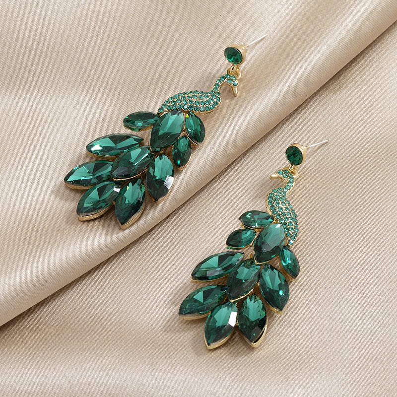 1 Pair Peacock Feather Sparkling Crystal Stud Earrings, Unique Green Earrings For Women, Suitable For Party, Banquet And Daily Wear