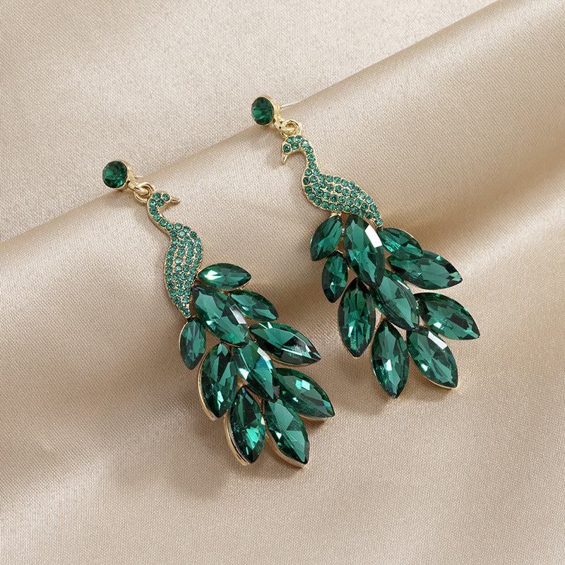 1 Pair Peacock Feather Sparkling Crystal Stud Earrings, Unique Green Earrings For Women, Suitable For Party, Banquet And Daily Wear