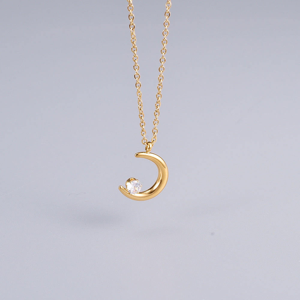 Moon Inlaid Zircon Necklace Female Titanium Steel 18k Non-fading Cold Wind Special-interest Design