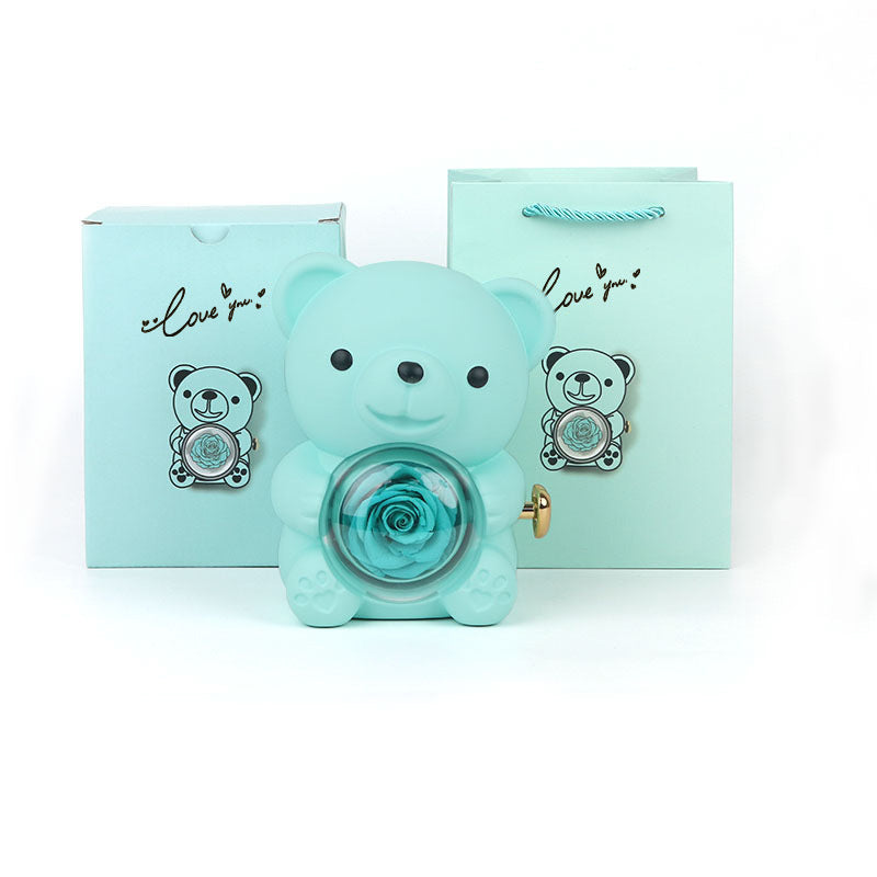 Eternal Rose Teddy Bear Gift Box with Necklace – Rotating Rose Jewelry Box for Women, Girlfriend, Anniversary, Wedding & Valentine’s Day Gifts