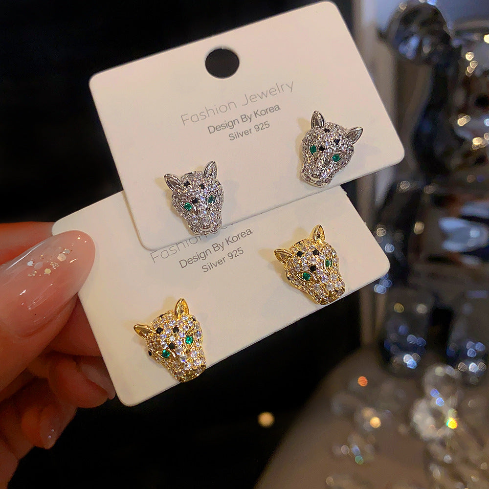 925 Silver Needle Leopard Head Zircon Earrings for Women – Luxury Animal Design Statement Jewelry